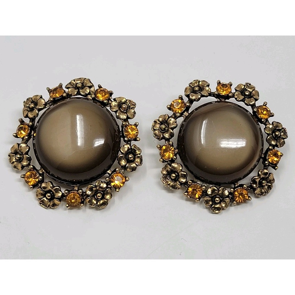 Vintage STAR Clip On Earrings Brown Cabochon Amber‎ Rhinestones Floral Design